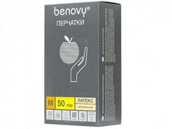 Перчатки латексные неопудренные BENOVY 50 пар/уп (M) 