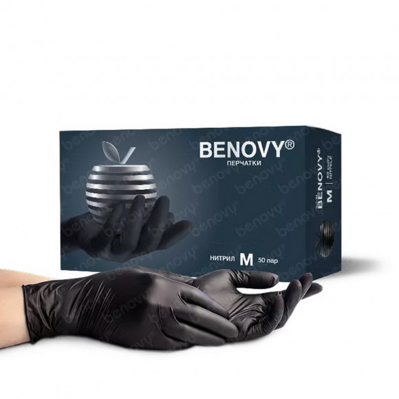 Перчатки нитриловые BENOVY MultiColor 50 пар/уп (M) чёрные    