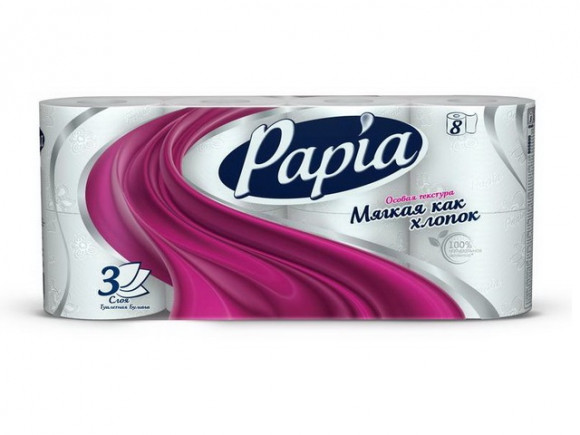 Туалетная бумага Papia 3-слойная белая 8 рулонов