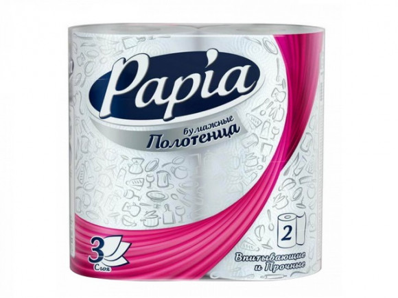Полотенца бумажные PAPIA (5048045) 3-слойные, 12,5 м, 90 листов, 2 рулона, белые